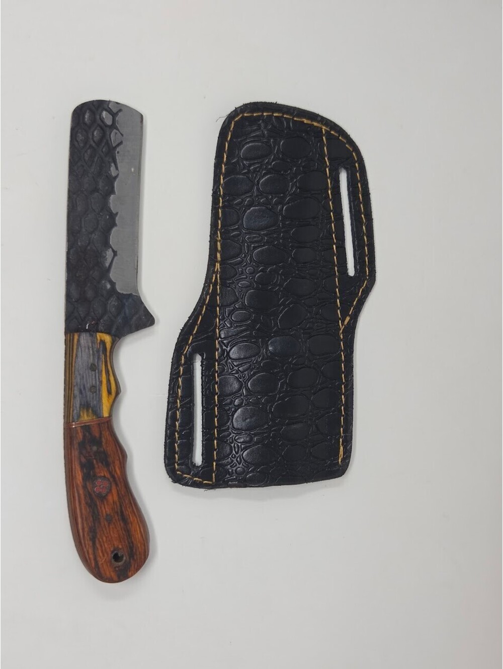 Hand Forged Fixed Blade Cleaver Knife Wood Handle With Textured Sheath